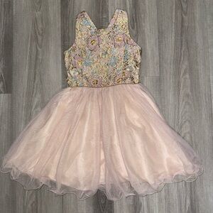 Pink & Violet Floral Metallic Fit & Flare Dress With Glitter Mesh Skirt Size 12.